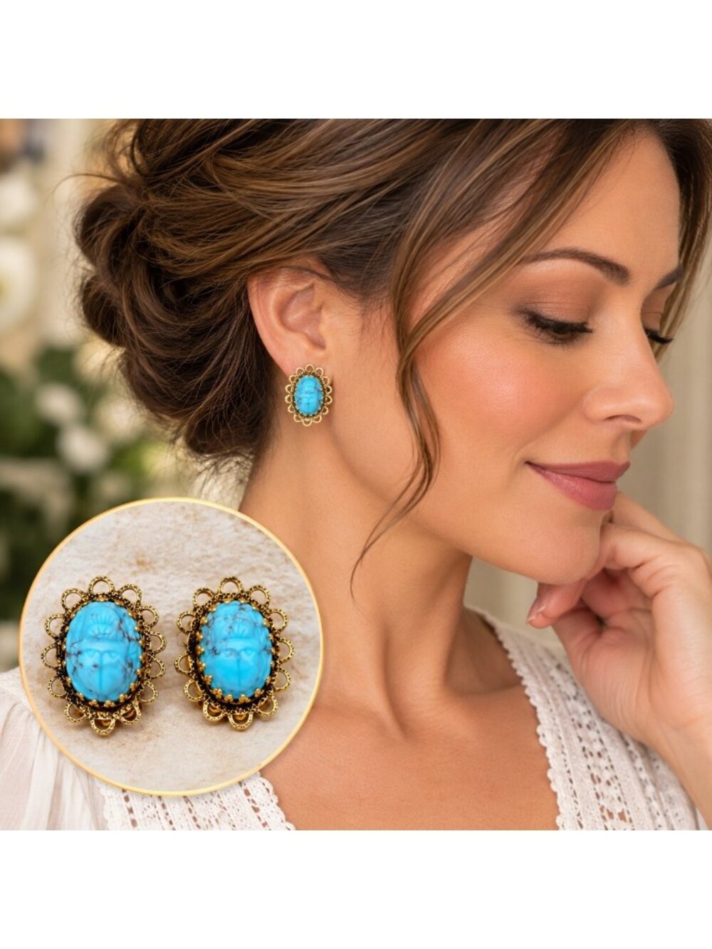 Vintage FREIRICH Blue Scarab Clip On Earrings Gold Tone Egyptian Revival